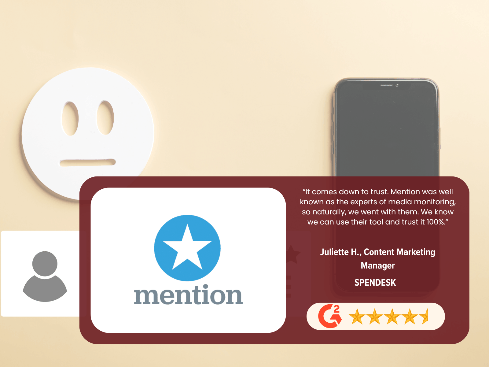 Mention online reputation management software rated 4.5 stars on G2, with a customer testimonial from Juliette H., Content Marketing Manager at Spendesk, citing trust and media monitoring expertise as the deciding factors for choosing the platform over competitors.