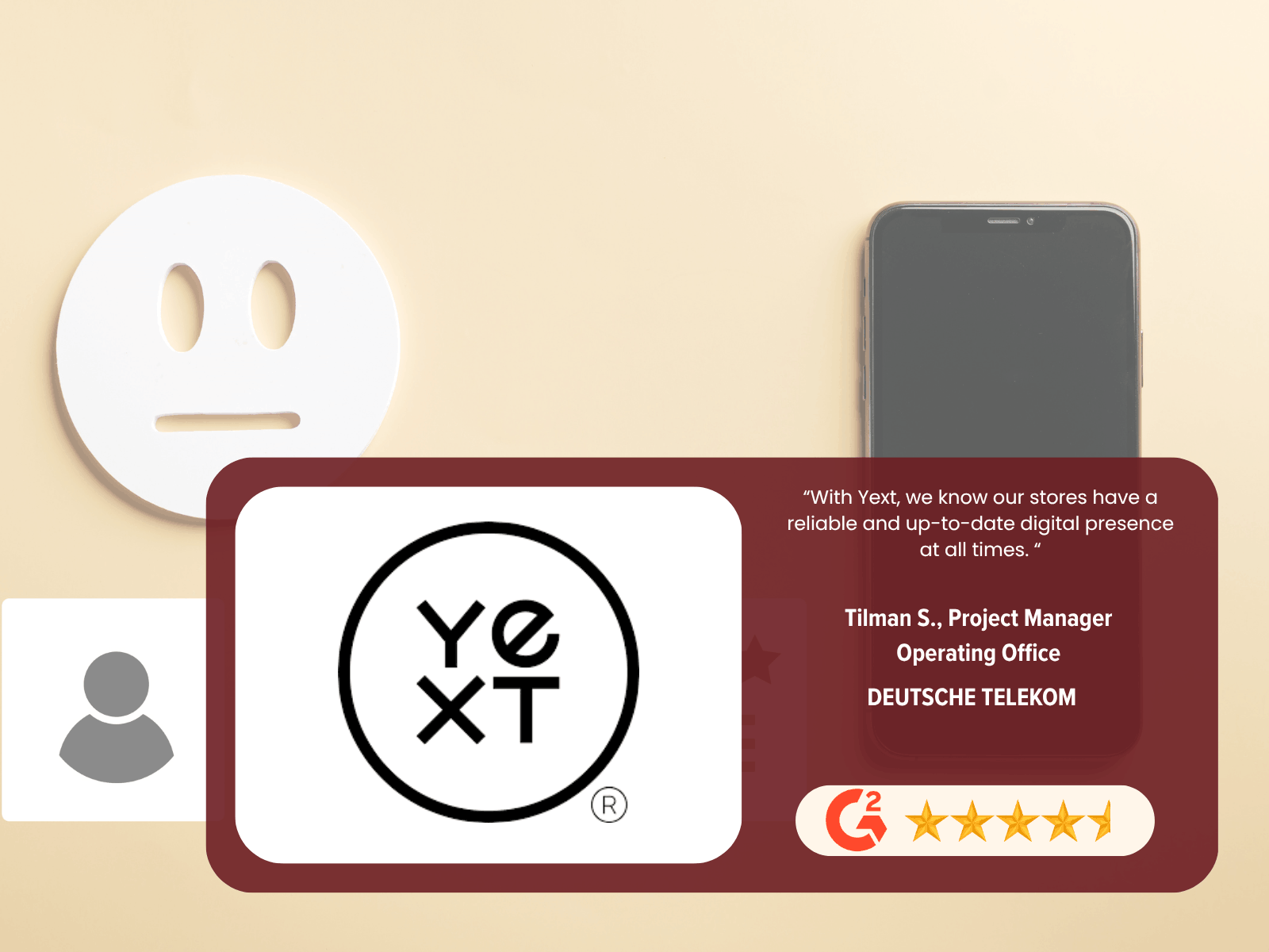 ext online reputation management software rated 4.5 stars on G2, with a customer testimonial from Tilman S., Project Manager at Deutsche Telekom's Operating Office, highlighting how Yext ensures all store locations maintain a reliable and up-to-date digital presence at all times.