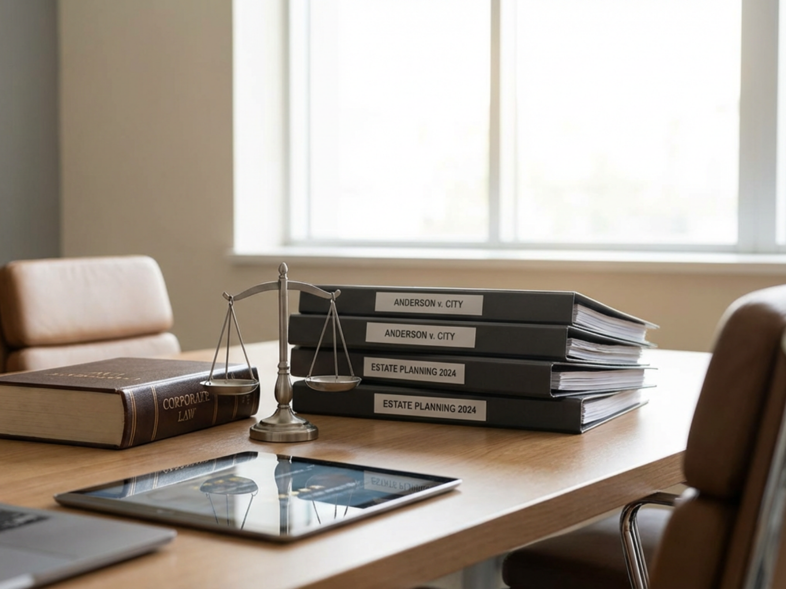 Law firm workspace with legal case files and justice scale symbolizing online reputation management for lawyers and attorneys