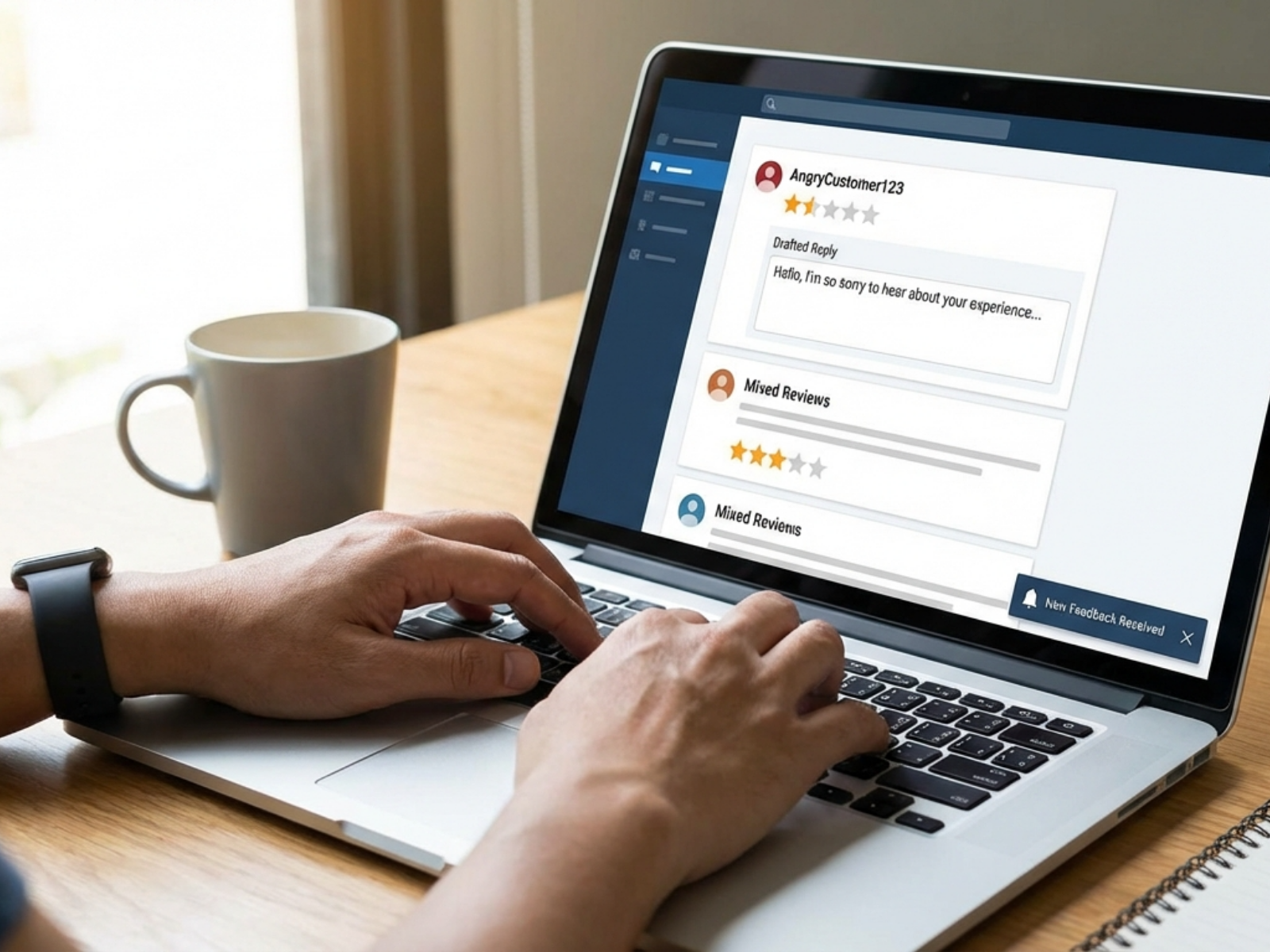 Person replying to customer reviews on a laptop dashboard showing ratings, feedback, and reputation management tools