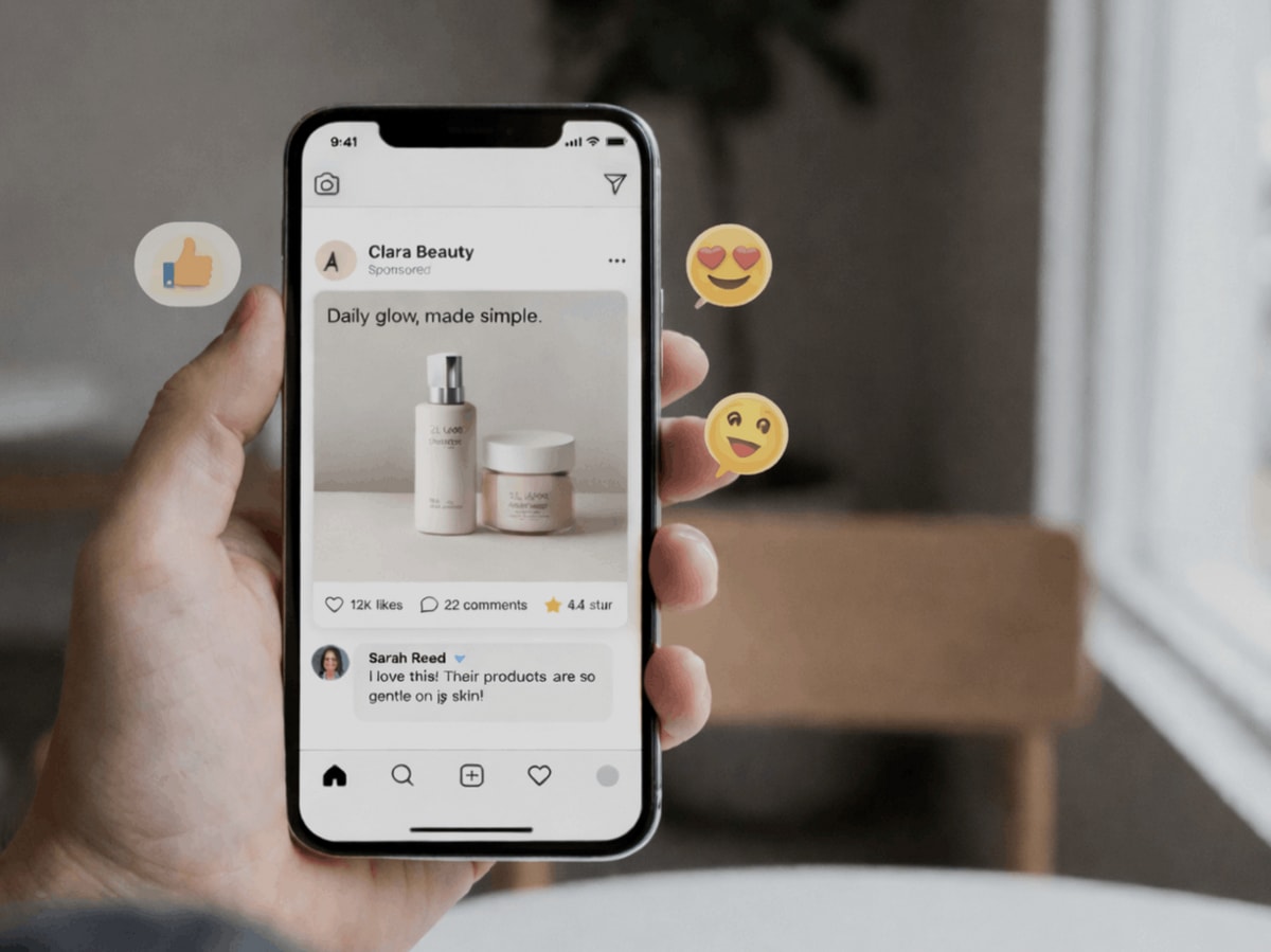 branded Instagram post from Clara Beauty with 12k likes, 22 comments, and a 4.4 star rating, alongside a positive customer comment, illustrating how every social media post shapes brand perception and online reputation