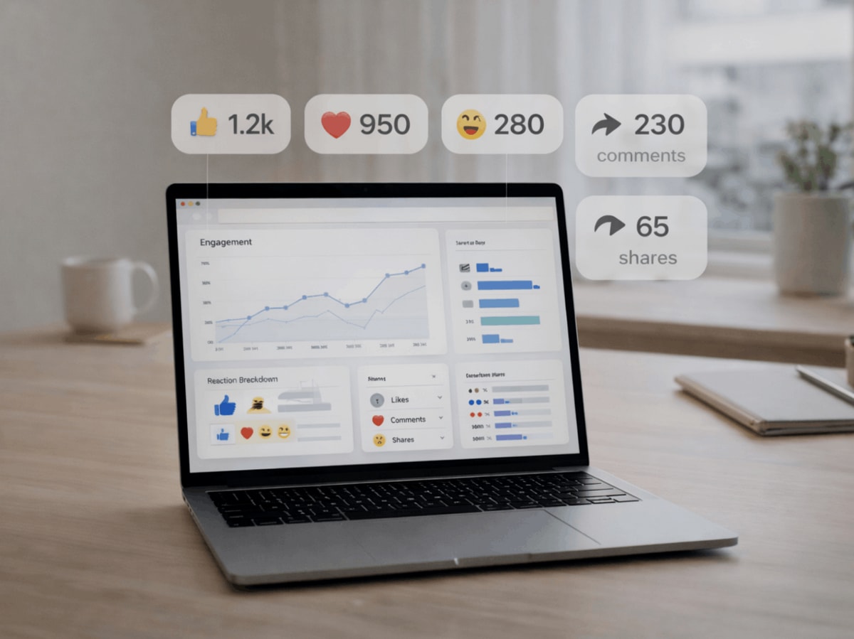 social media engagement dashboard with reaction breakdown, engagement trend chart, and sentiment metrics, alongside floating engagement indicators showing 1.2k likes, 950 hearts, 280 reactions, 230 comments, and 65 shares, illustrating how social media engagement directly shapes online reputation management and brand trust