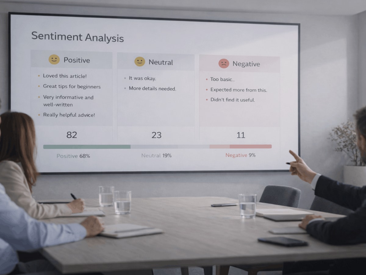 A brand team in a meeting reviewing a sentiment analysis presentation showing 68% positive, 19% neutral, and 9% negative customer feedback across 116 total responses, illustrating how sentiment data should guide online reputation management strategy and content decisions