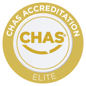 Gold circular badge with "CHAS Accreditation Elite" text and a smiling face symbol in the center.