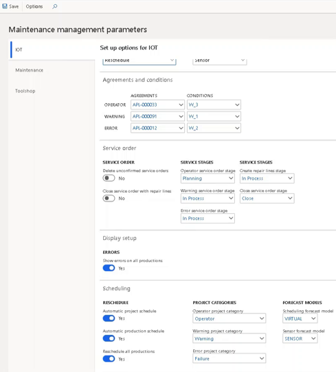 Maintenance management parameters