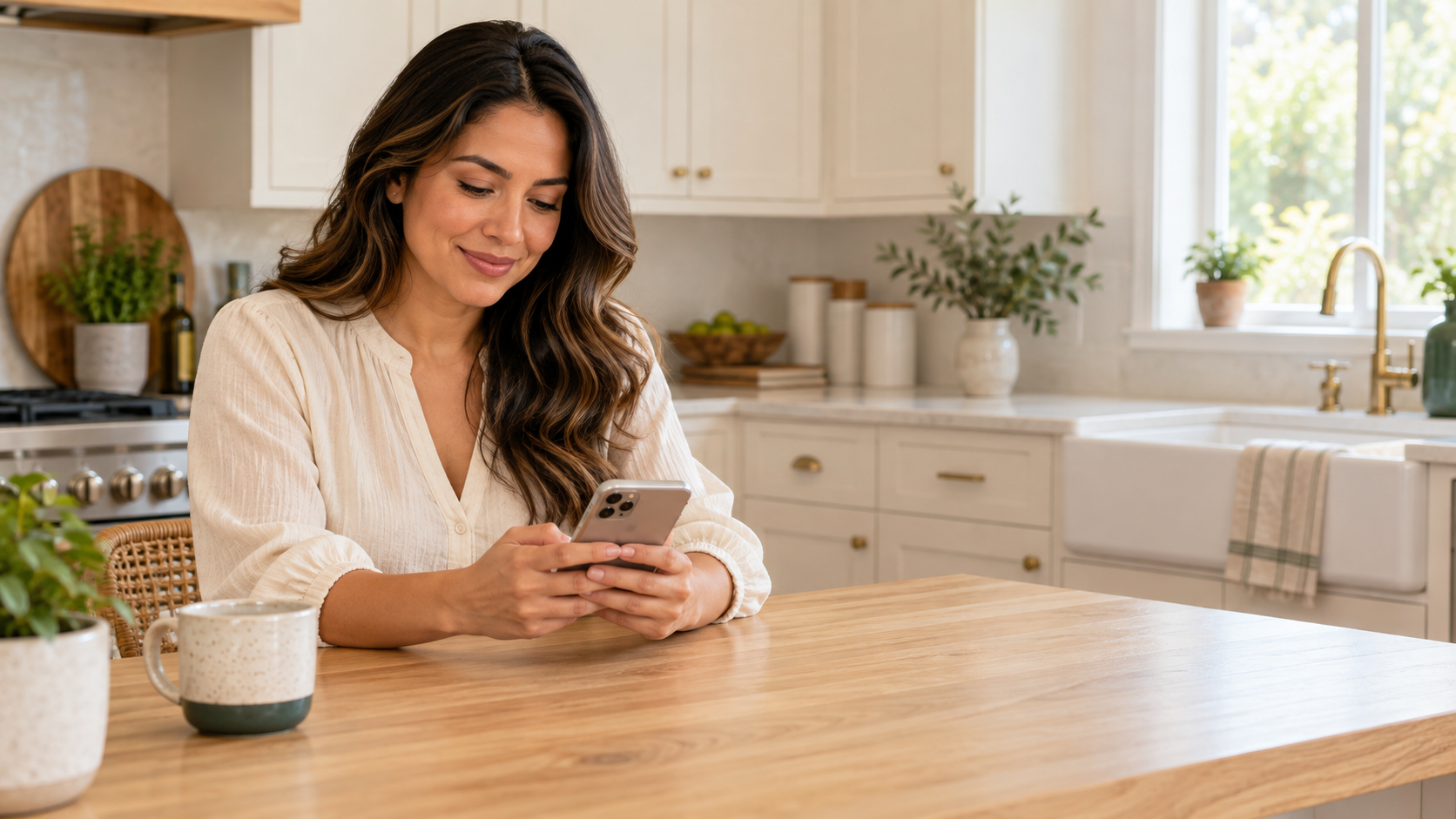 A woman using her phone at a tidy kitchen counter