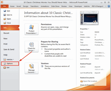 Options location in PowerPoint 2010 menu