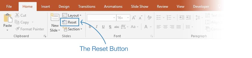 PowerPoint reset button location