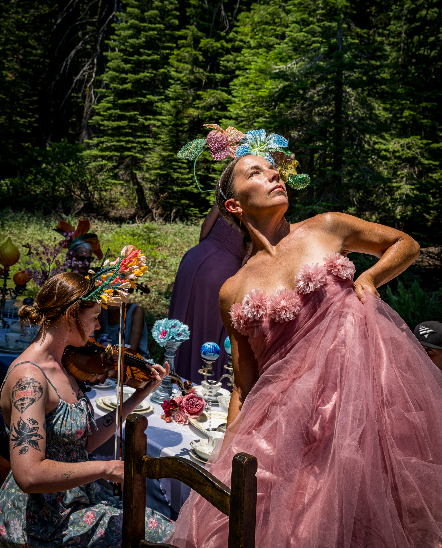 Rose dancer performing during Tea Party in nature.