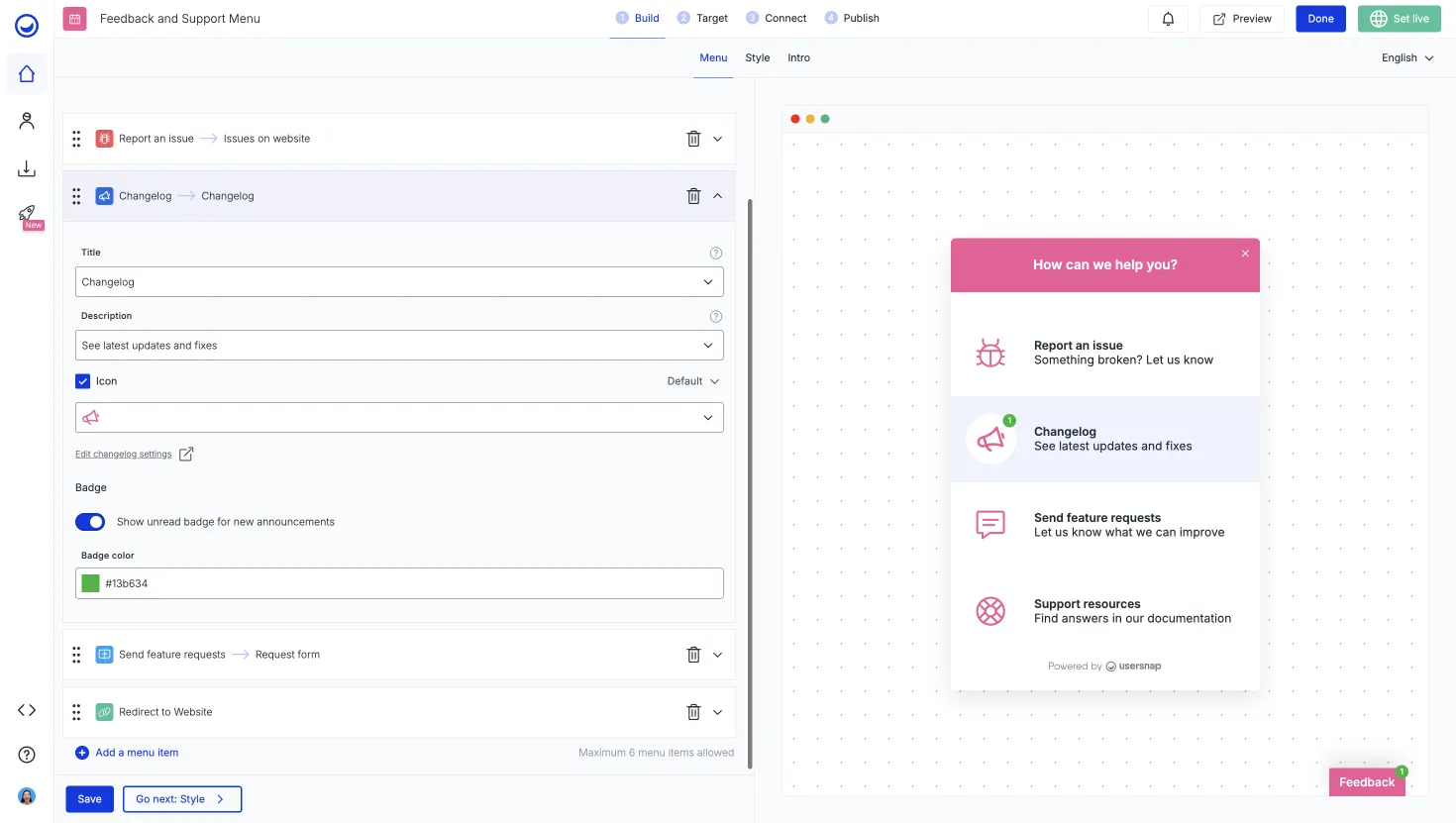 a product support menu widget with changelog and feedback channels