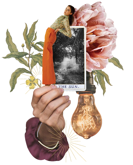 Collage of a hand holding a tarot card labeled 'The Sun' with a black and white forest path, a woman in orange pants leaning on the card, a large pink flower, green leaves, and a glowing vintage light bulb.