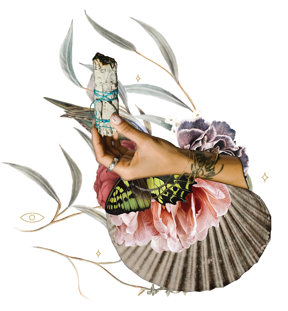 Hand with rings and bracelet holding a sage bundle wrapped in blue string, surrounded by pink flowers, a butterfly, a seashell, and decorative silver leaves on black background.