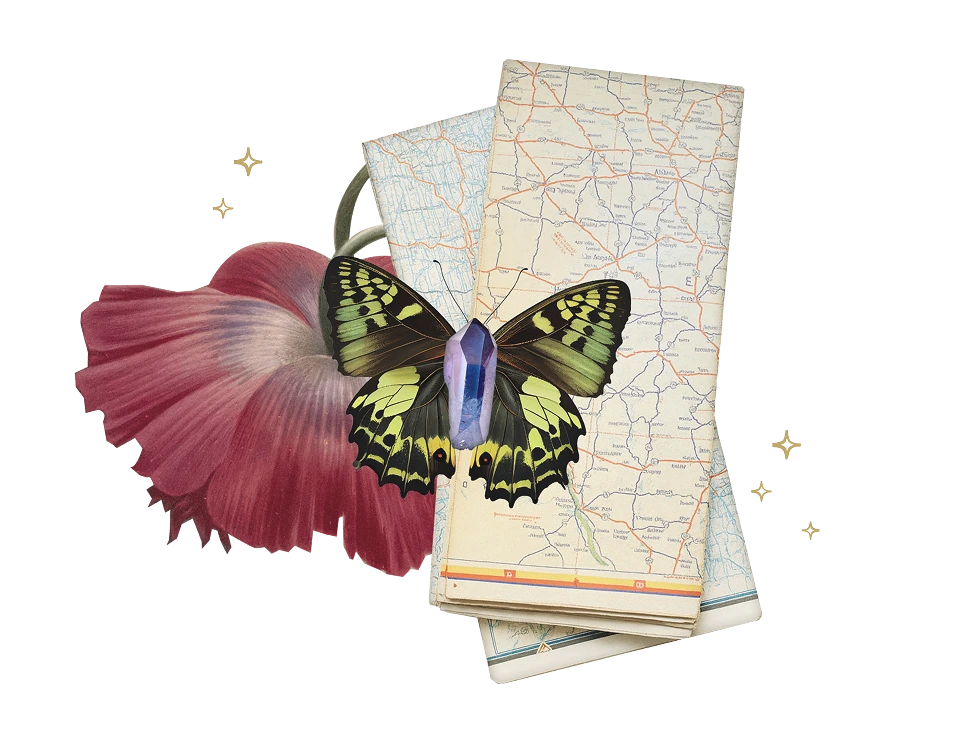 Yellow and black butterfly with a purple crystal on its body overlaid on a pink flower and folded vintage maps with sparkles around.