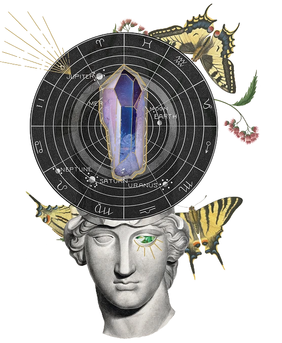 Classical marble bust with a zodiac chart and crystal above its head, decorated with yellow butterflies and flowers.