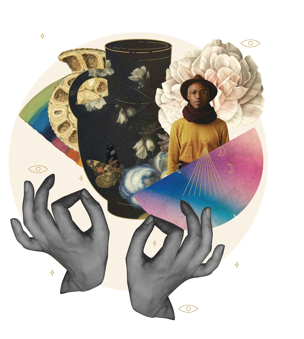 Collage featuring a man wearing a brown hat and scarf, a large pink flower, black-and-white hands making an okay gesture, a black pitcher with floral designs, colorful abstract shapes, and golden eye illustrations.