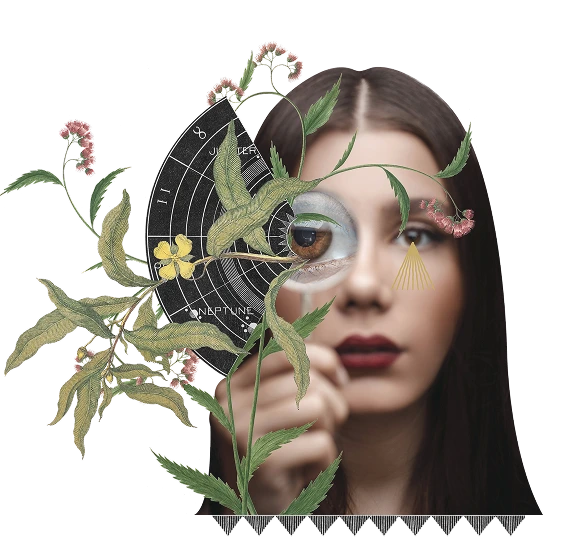 Composite image of a woman holding a magnifying glass over one eye, with overlaid botanical illustrations and an astrological chart in the background.