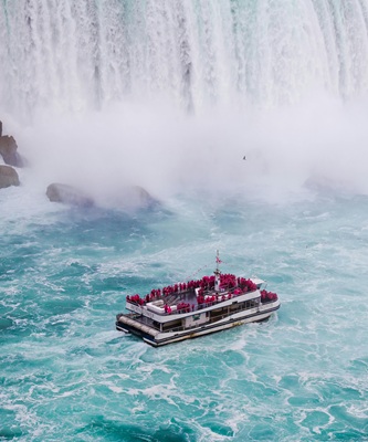 The Hornblower boat in front of Niagara Falls