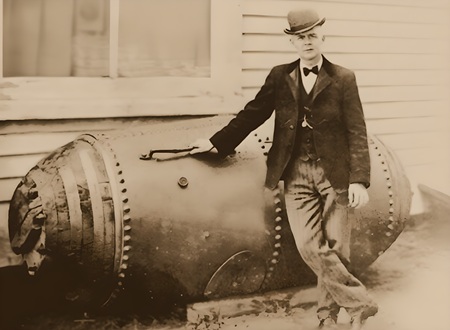Bobby Leach posing with his barrel