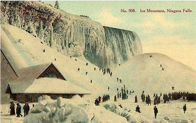 a postcard depicting a frozen Niagara Falls