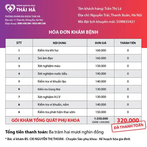 Hóa đơn khám sản Phụ khoa tại Phòng khám đa khoa Thái Hà Hóa đơn khám sản Phụ khoa tại Phòng khám đa khoa Thái Hà