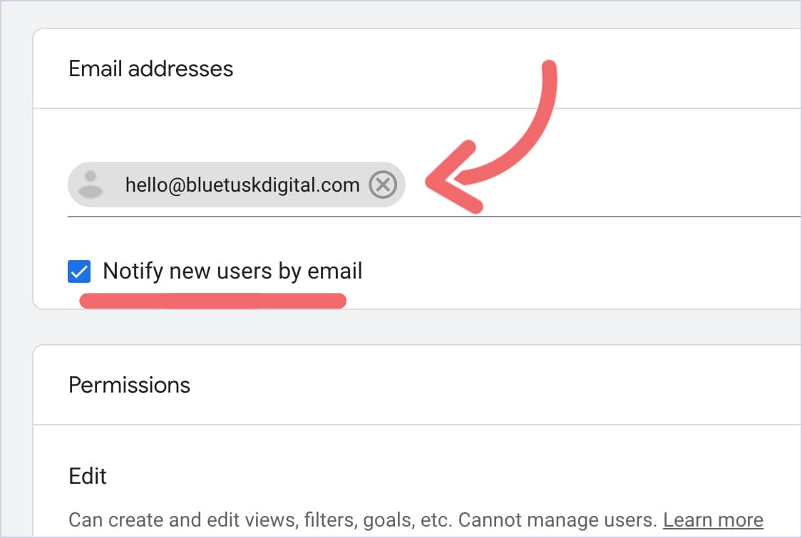 A screenshot of the GA interface. There's a pink arrow pointing at our support email.