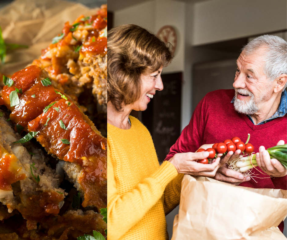Couple unpacking fresh produce from shopping bag ready to prepare meatloaf