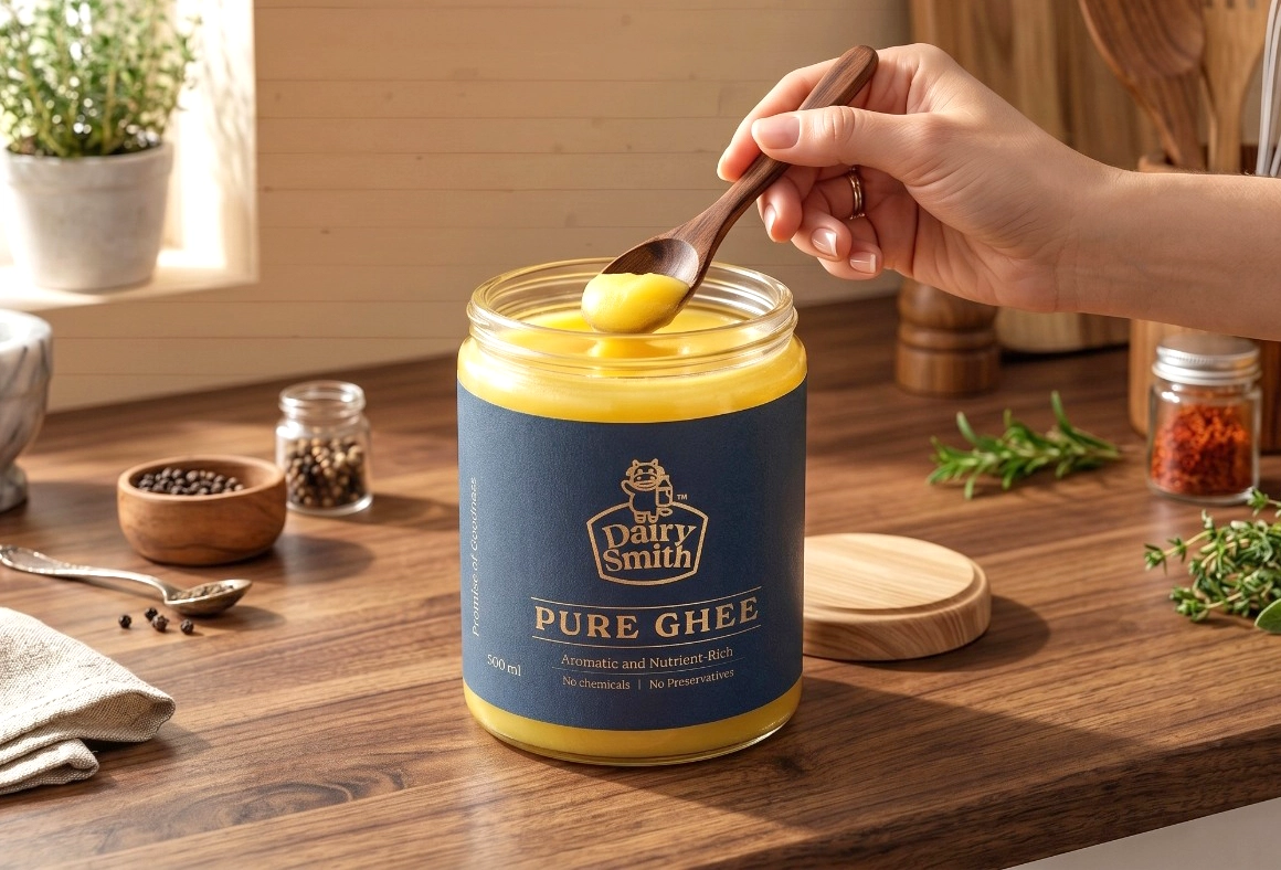 a composition of a hand with knife taking the butter out of the tub package of dairysmith with some bread placed in the background