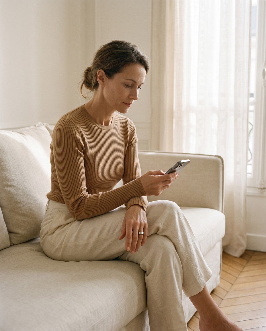 Woman checking the Circular app at home while wearing the ring