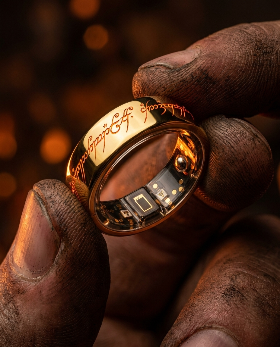 The One Ring held in hand, inscription lit by firelight
