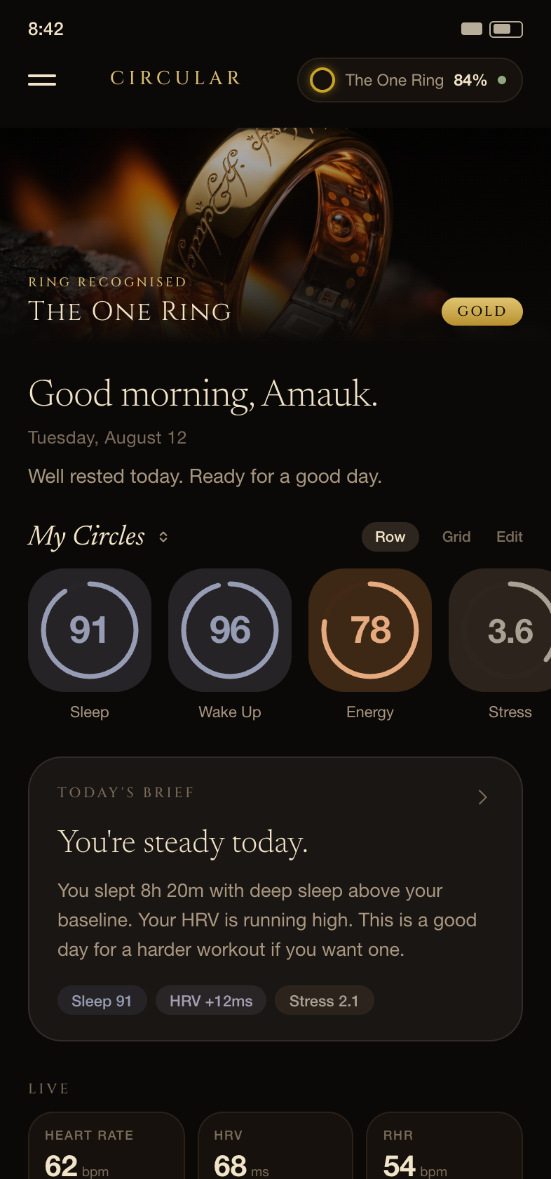 The One Ring app home screen