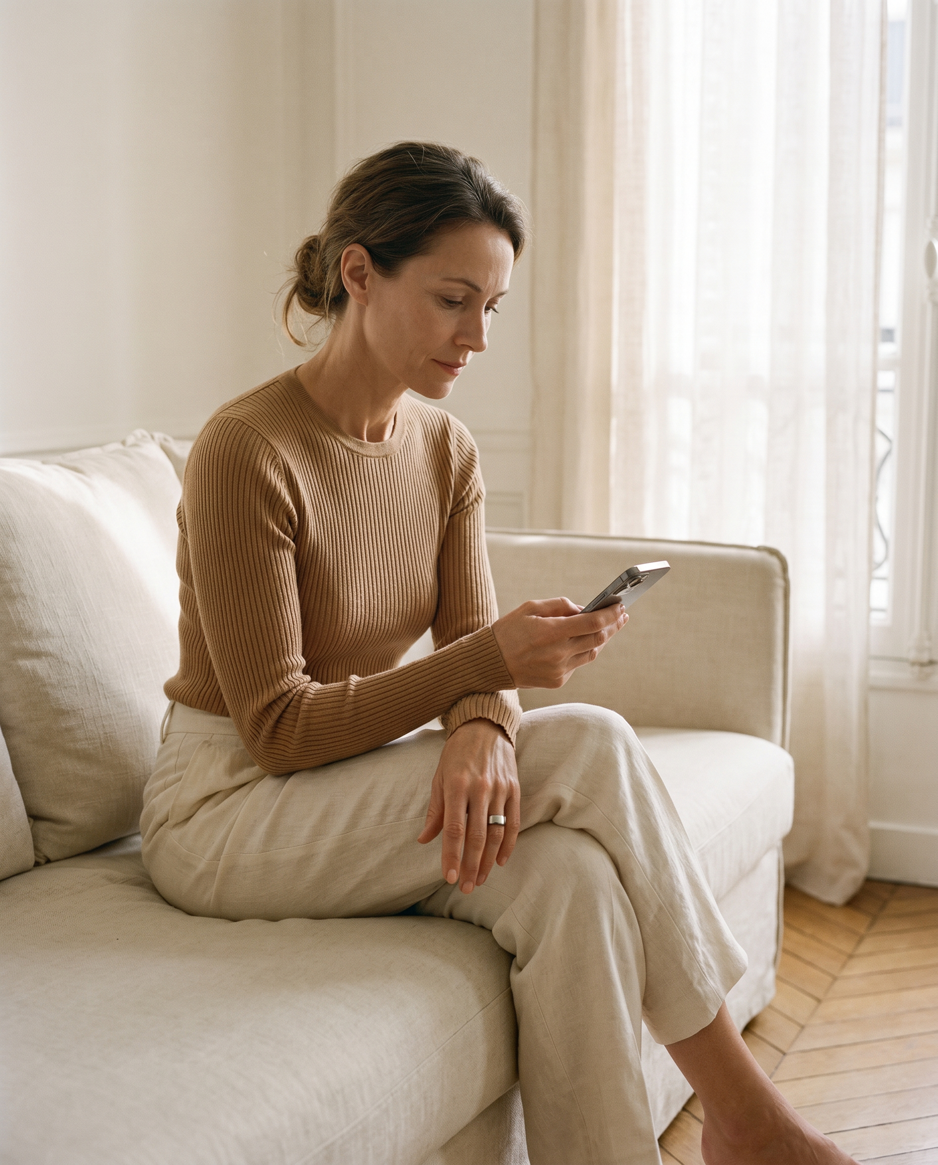 A woman at home checking her Circular app, wearing the ring in silver