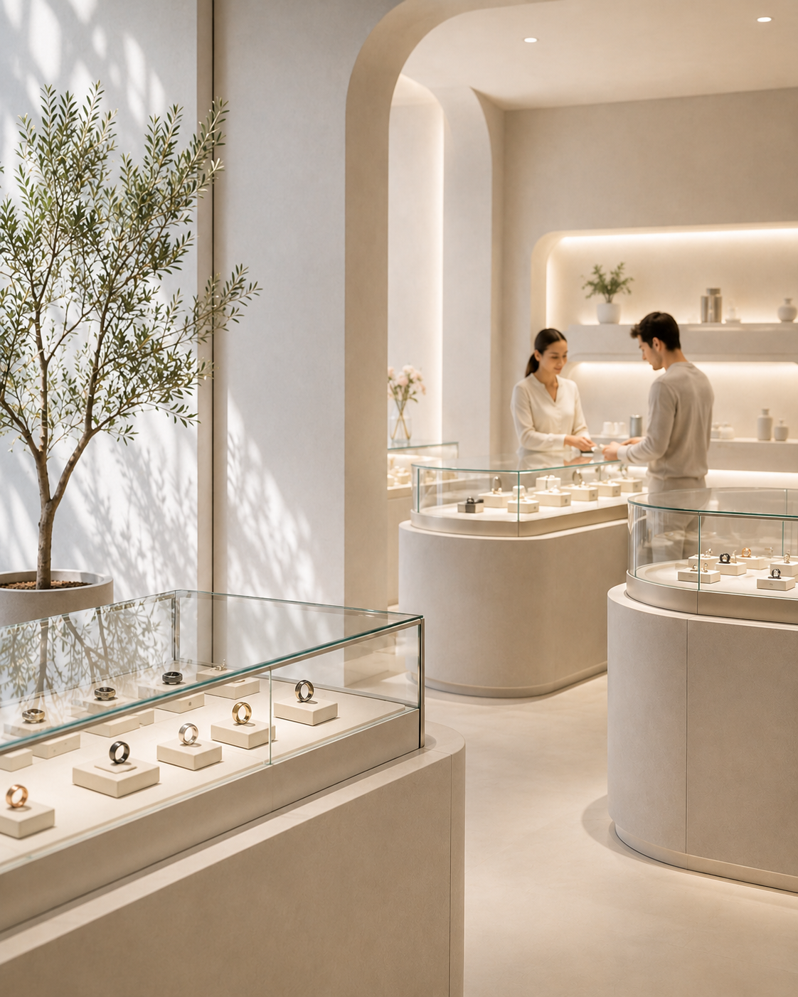 A Circular boutique: ring display cases under an olive tree, and a member of staff helping a customer at the counter