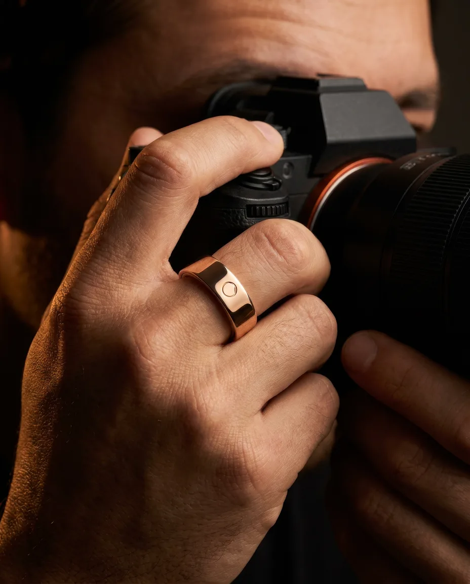 Circular Ring 3 in Rose Gold, worn on the shutter hand of a camera