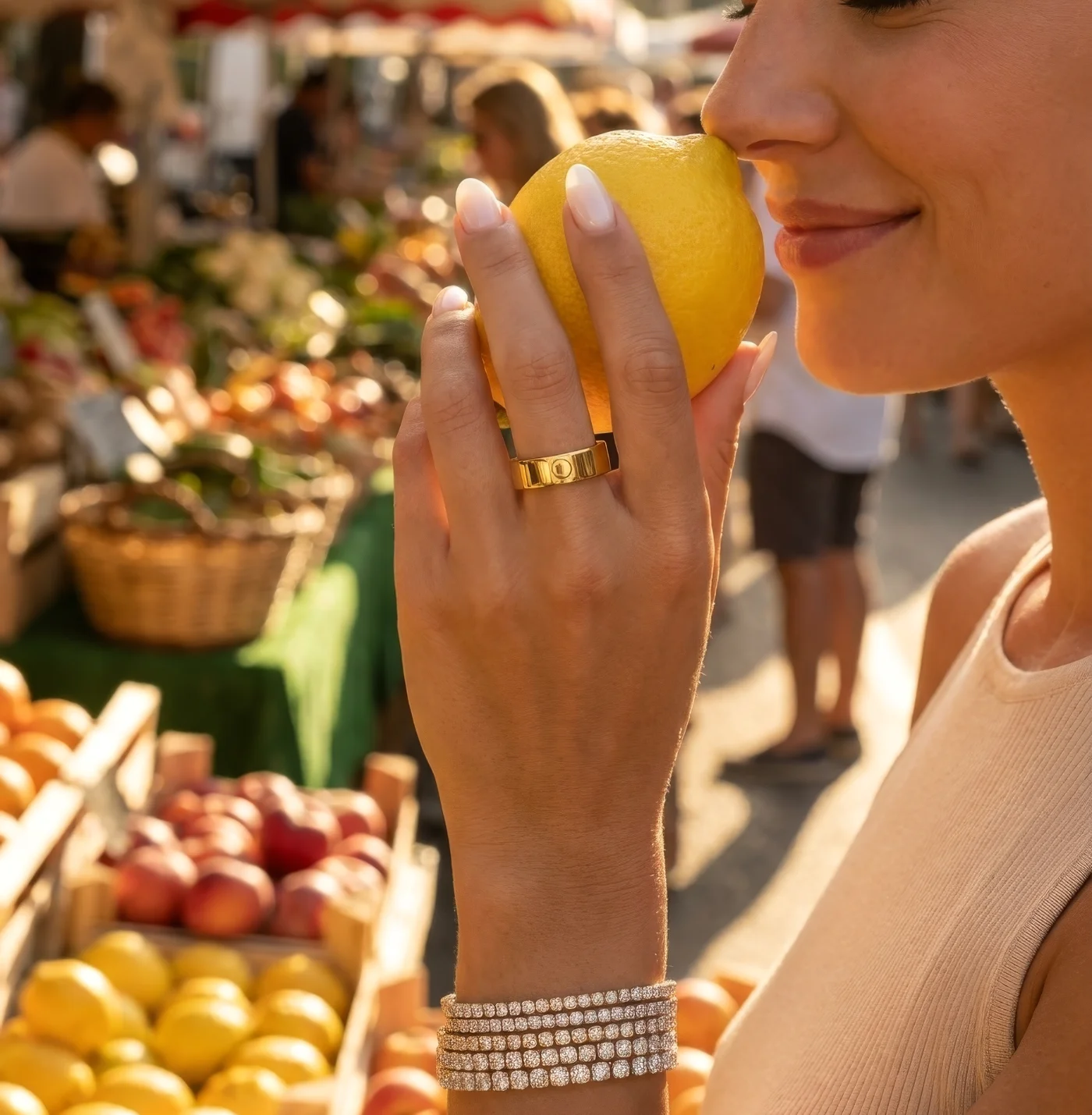 Circular Ring 3 Pro in Gold, worn at a market stall