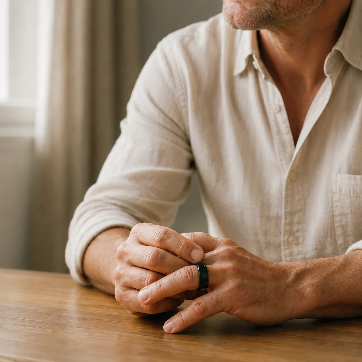 Hands resting together, one wearing Circular Ring 2