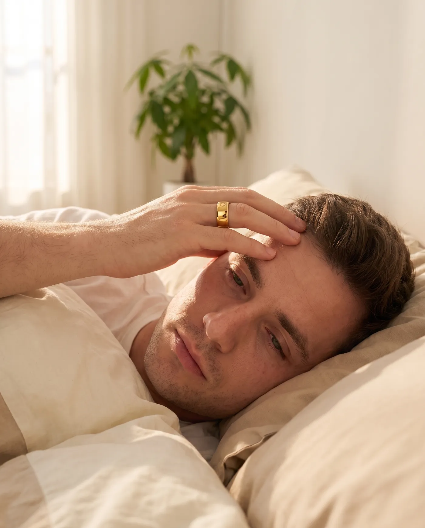 Woman asleep wearing a gold Circular Ring 2