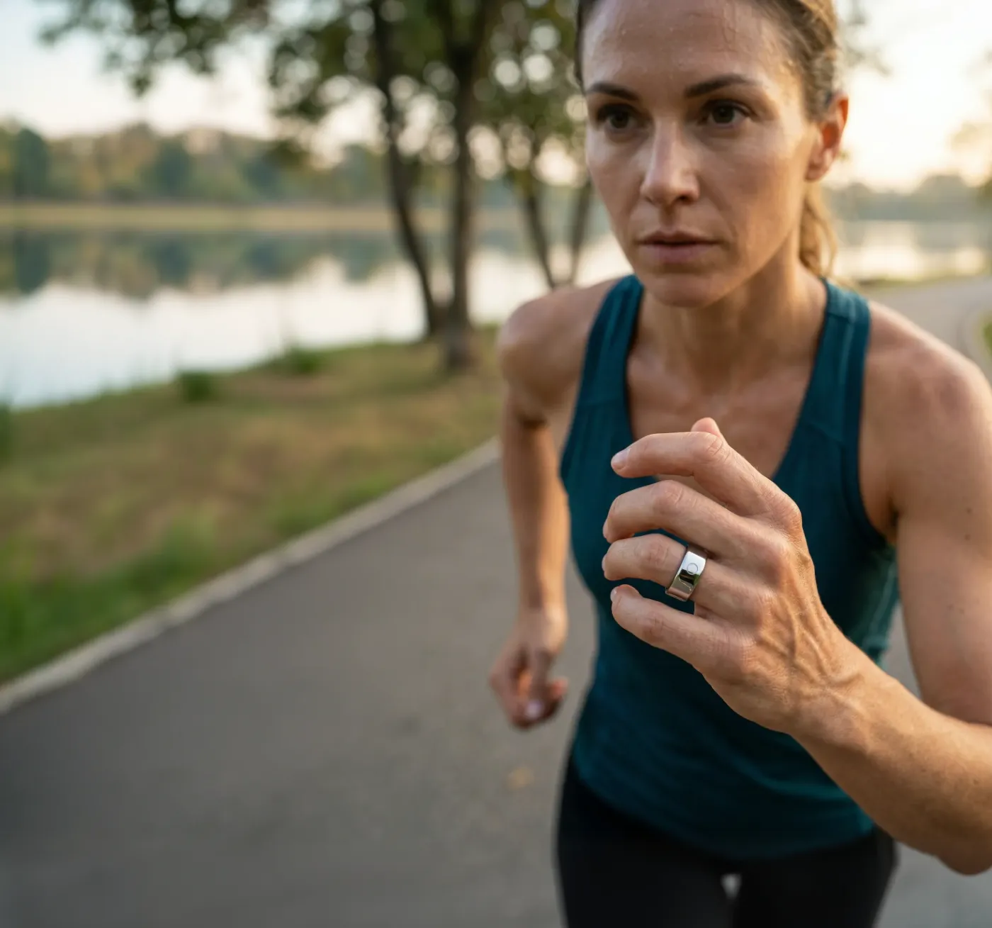 Woman running by a lake wearing Circular Ring 2