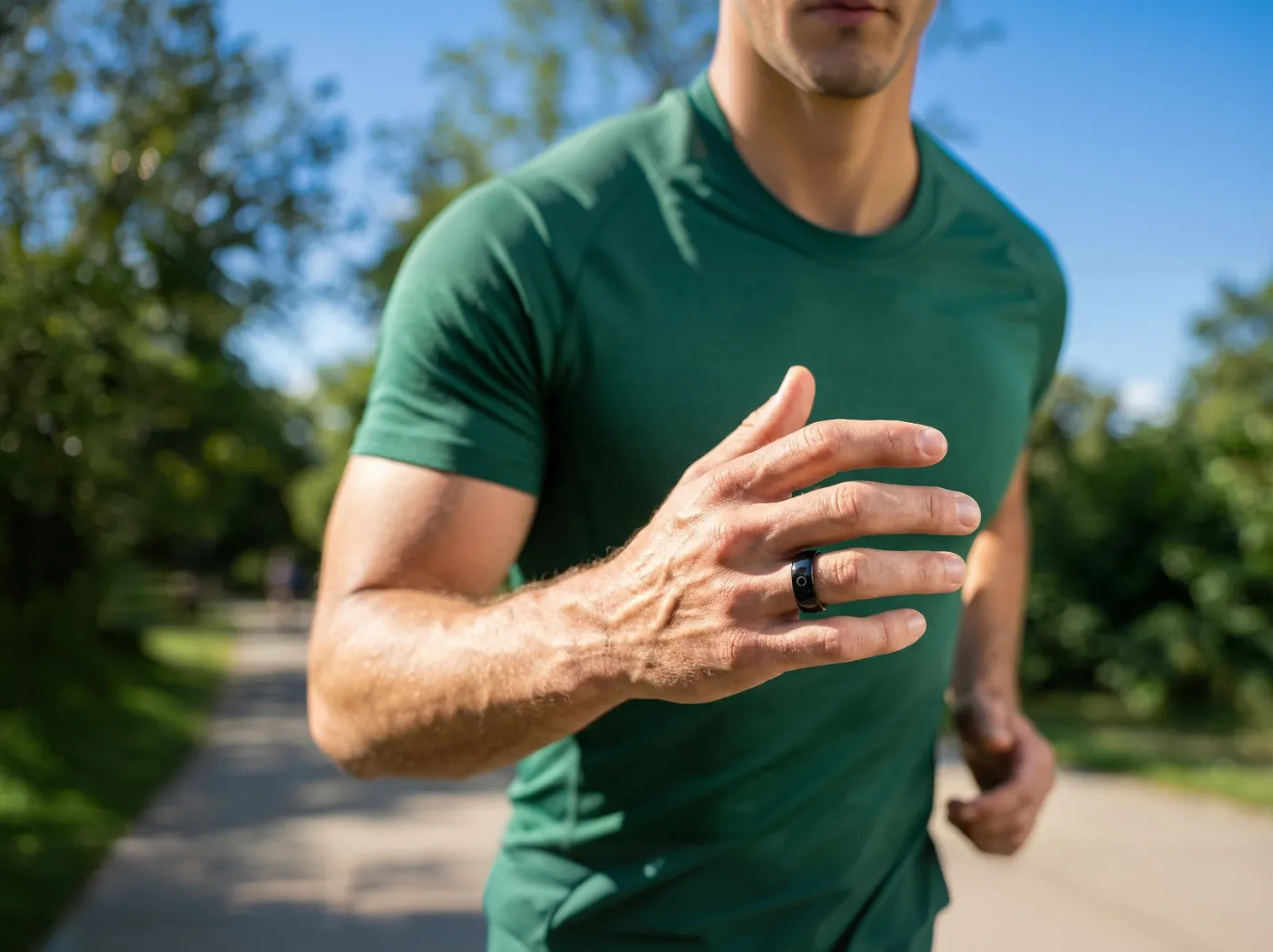 Man jogging in a park wearing Circular Ring 2
