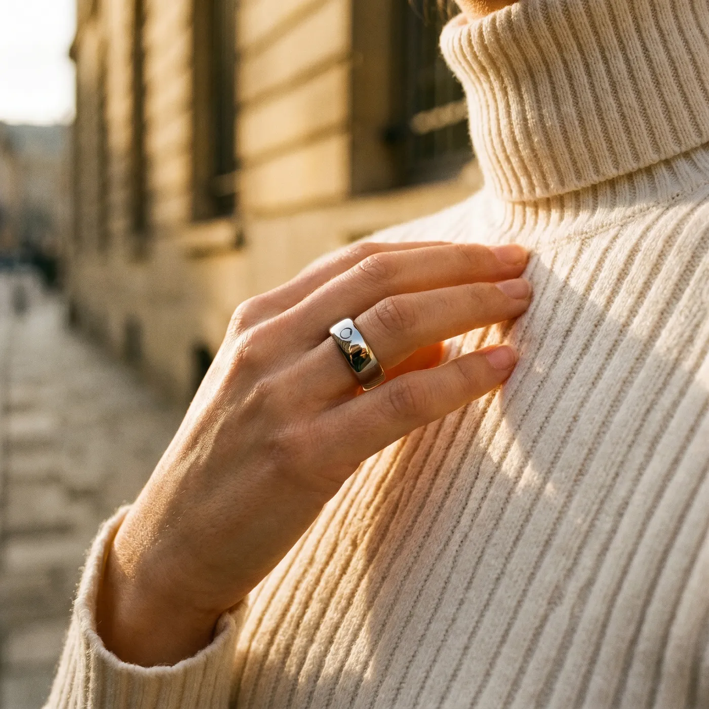 Woman in a sweater wearing Circular Ring 2