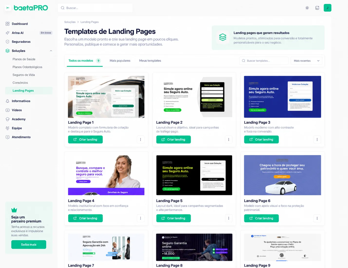 Galeria de landing pages prontas no marketing digital do BaetaPRO