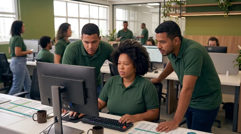 Equipe da Baeta atendendo corretores no escritório