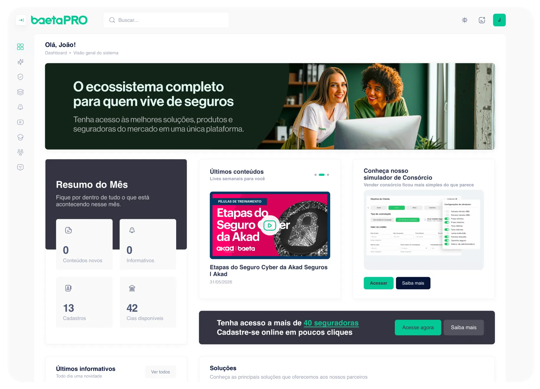 Dashboard do BaetaPRO com informativos, soluções e simulador de consórcio