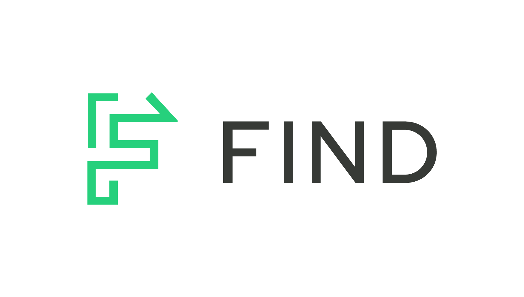 Green abstract maze-like logo followed by the word FIND in dark gray letters on a black background.