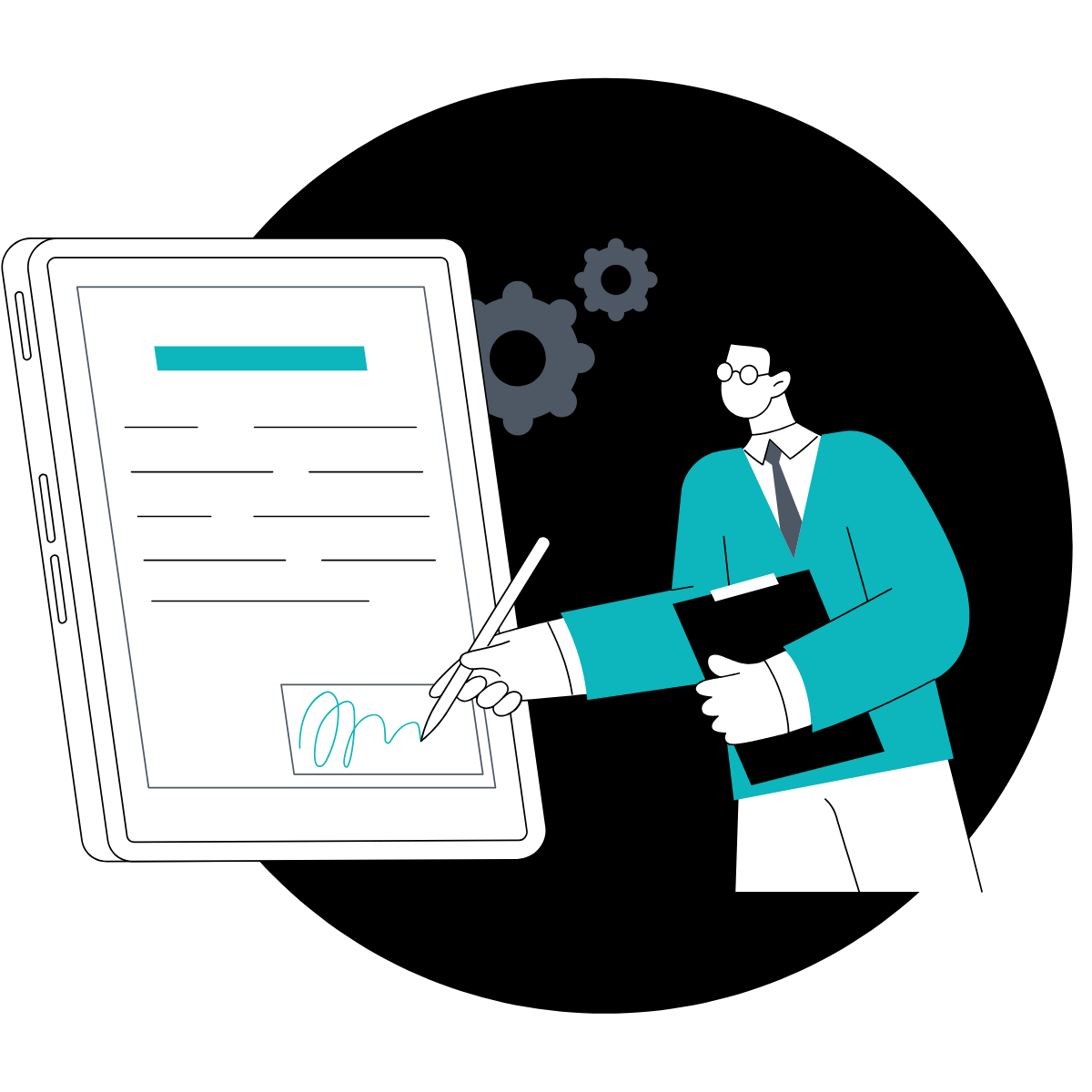 Illustration of a person in glasses and teal jacket holding a clipboard and signing a digital document on a large tablet with a stylus, with gears in the background.