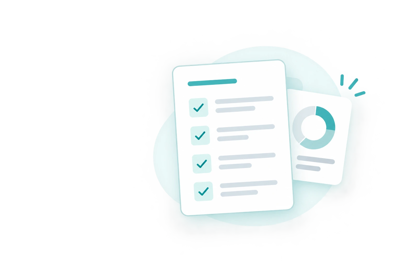 Illustration of a checklist with four completed items on the left and a circular progress chart on the right, both highlighted with a soft glow against a dark background.