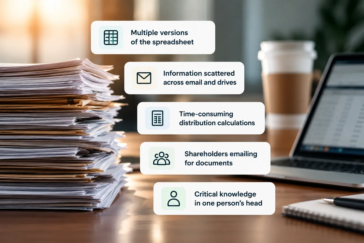 A man wearing glasses and a dark sweater holds a tablet, surrounded by circular icons labeled My Ownership, Investment Activity, Distributions, Buy/Sell, Proxy Voting, and Documents, representing features of an investor portal.