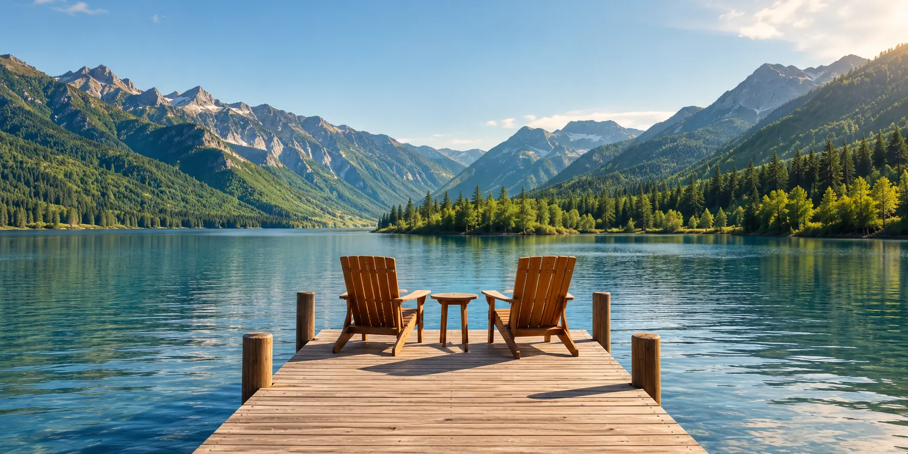Two wooden chairs and a small wooden table on a dock overlooking a calm lake surrounded by forested mountains under a clear blue sky.