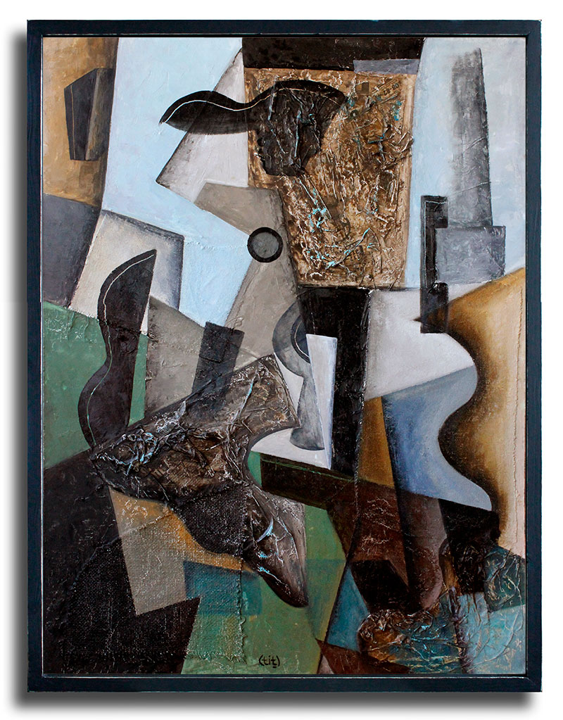 Painting, 82 w x 61 h cm Oil on board using paper and canvas
