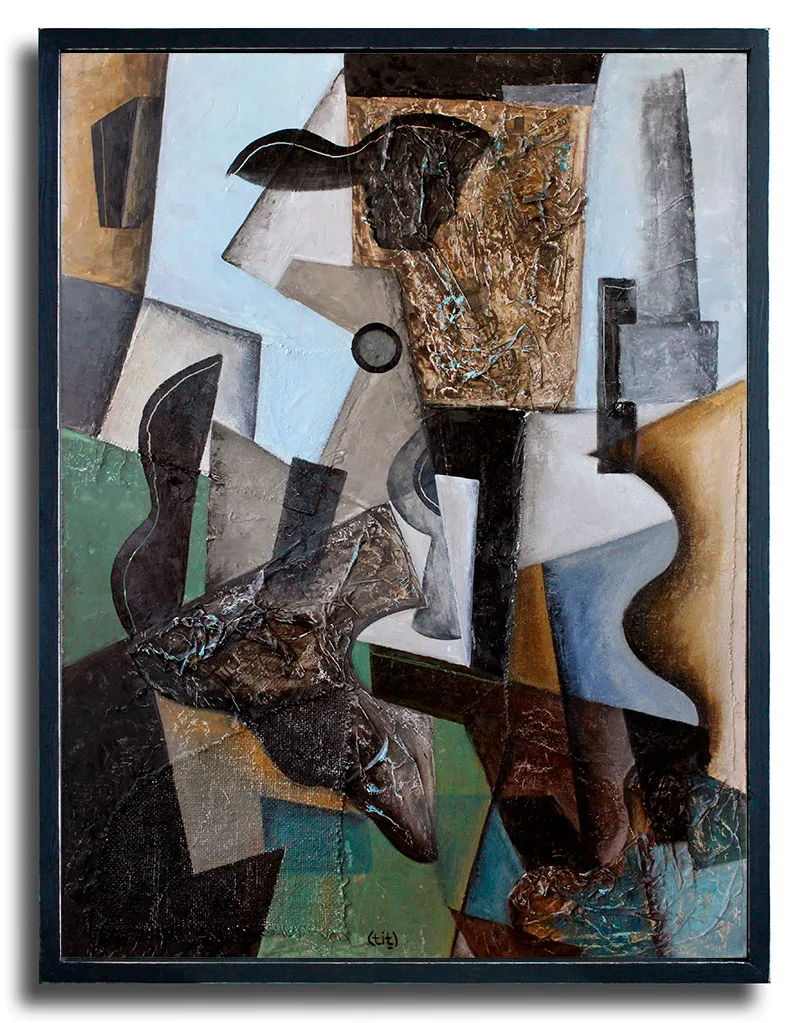 Painting, 82 w x 61 h cm Oil on board using paper and canvas
