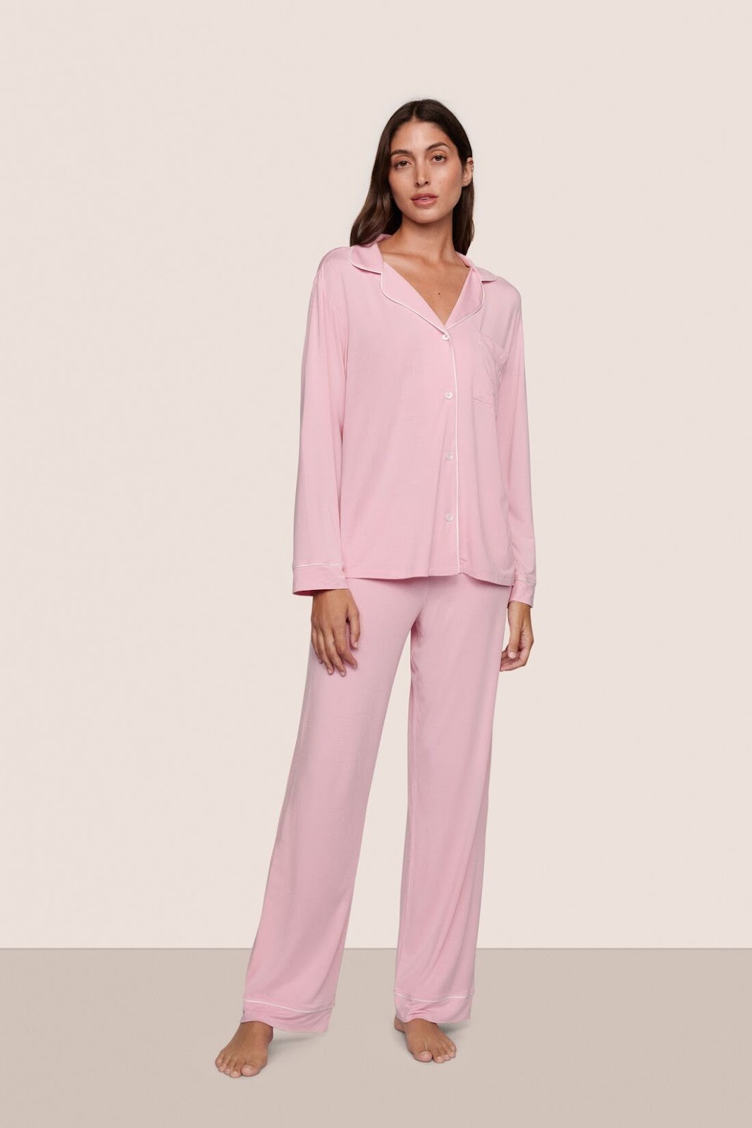 Model is wearing Gisele TENCEL™ Modal Long PJ Set  in Pink Nectar/Ivory